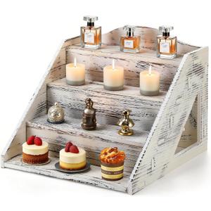 Jetec 4 Tier Wood Cupcake Display Stands Retail Wooden Craft Fair Display Riser Rustic Dessert Holder Rack Soap Stand for Craft Show Baby Shower Cupcakes Candy Wedding Party(Retro White)