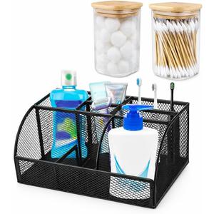 Toothbrush Holders for Bathrooms, Bathroom Counter Organizer, Electric Toothbrush and Toothpaste Holder, Metal Mesh Vanity Storage with 2 Glass Qtip Holders, 7 Slots, Black