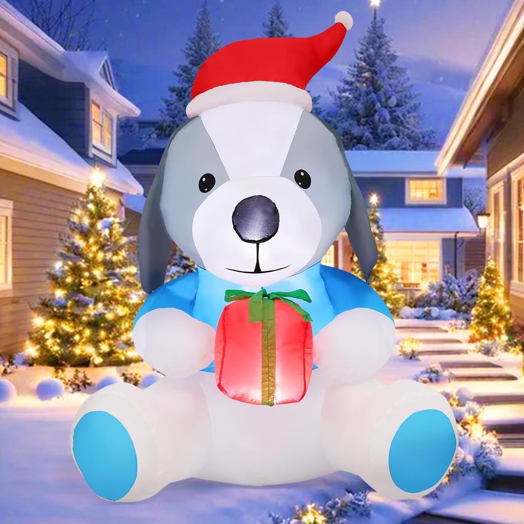 COMIN 5 FT Christmas Inflatables Outdoor Decorations Inflatable Dog with Gift Box Blowups with Built-in LEDs for Yard Party Garden Lawn Decor