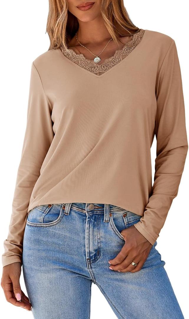 Dokotoo T Shirts for Women Casual Long Sleeve V Neck Lace Trim Tops Lightweight Solid Color Basic Tees Blouses (S)