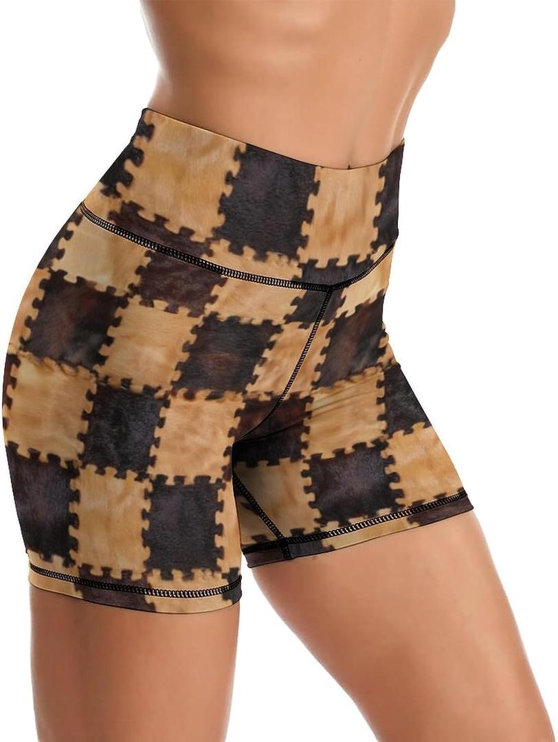 Yoga Shorts High Waisted Tummy Control Biker Shorts for Womens Athletic Running Workout Gym Tennis Shorts (Brown, L)