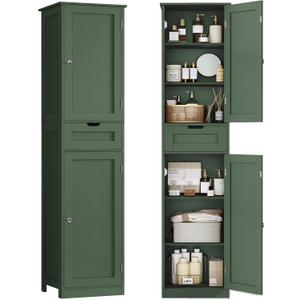 TEENFON Tall Bathroom Cabinet with 2 Doors & 1 Drawer, Narrow Bathroom Storage Cabinet with Adjustable Shelves, for Living Room, Entryway, Kitchen, Forest Green, 11.8"D x 15.7"W x 67.1"H