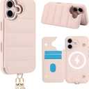 Crossbody Wallet Case for iPhone 16 with Strap,RFID Blocking Leather Flip Case for Women with Card Holder,Magnetic Purse Shockproof Cover with Kickstand,Lanyard,Pale Pink