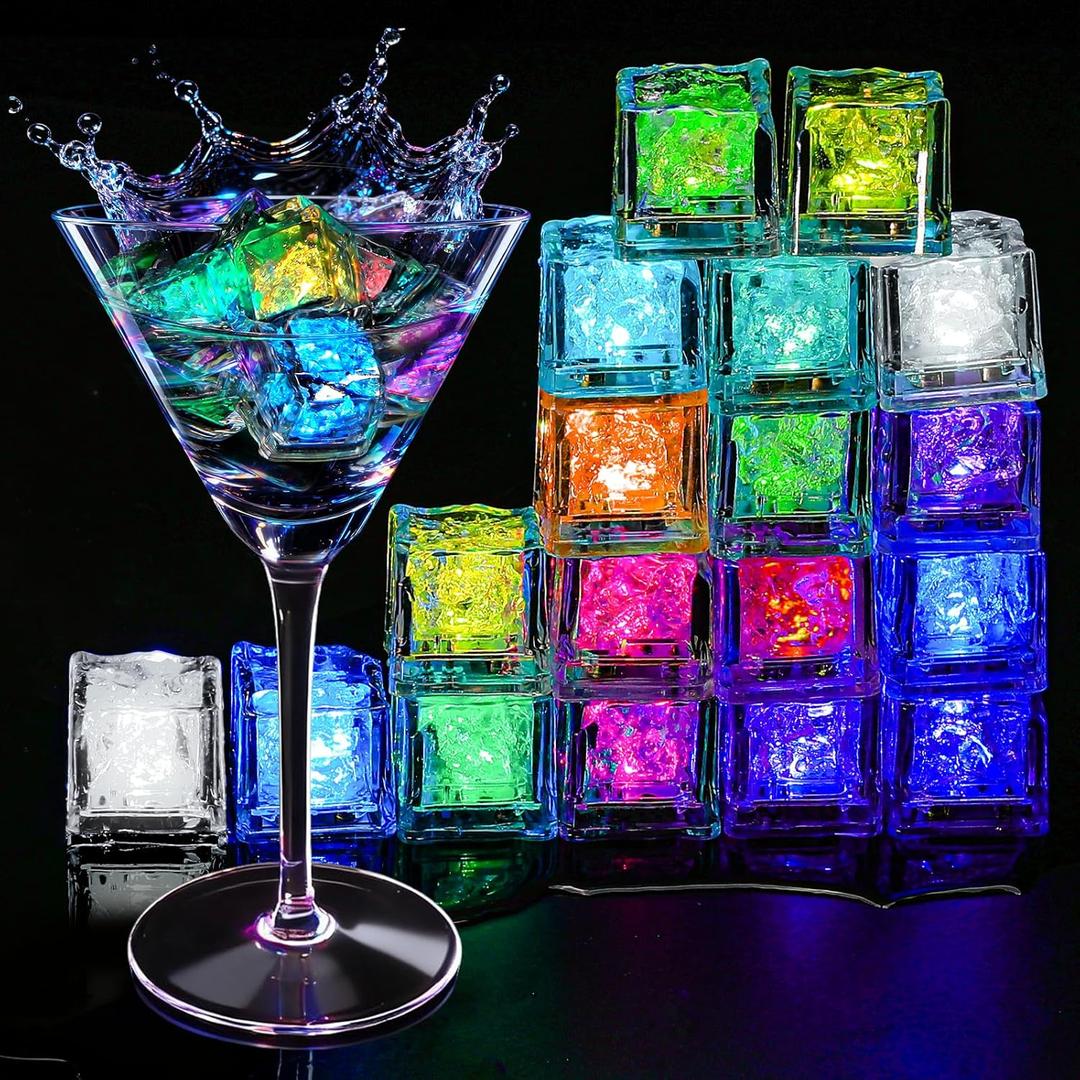 Light Up Ice Cubes, 18 Pack Multi Color Led Ice Cubes for Drinks IP67 Waterproof Reusable Glowing Flashing Changing Lights Water Activated Drink Lights for Cocktails Christmas Party Bar Wedding