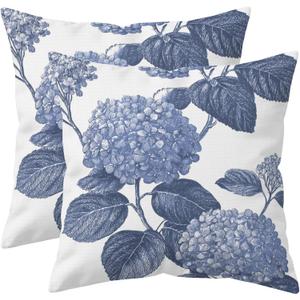 Blue Floral Throw Pillow Covers 18x18 Inch Set of 2, Vintage Botanical Hydrangea Decorative Cushion Covers for Farmhouse Sofa Couch Bedroom Living Room French Country Home Decor