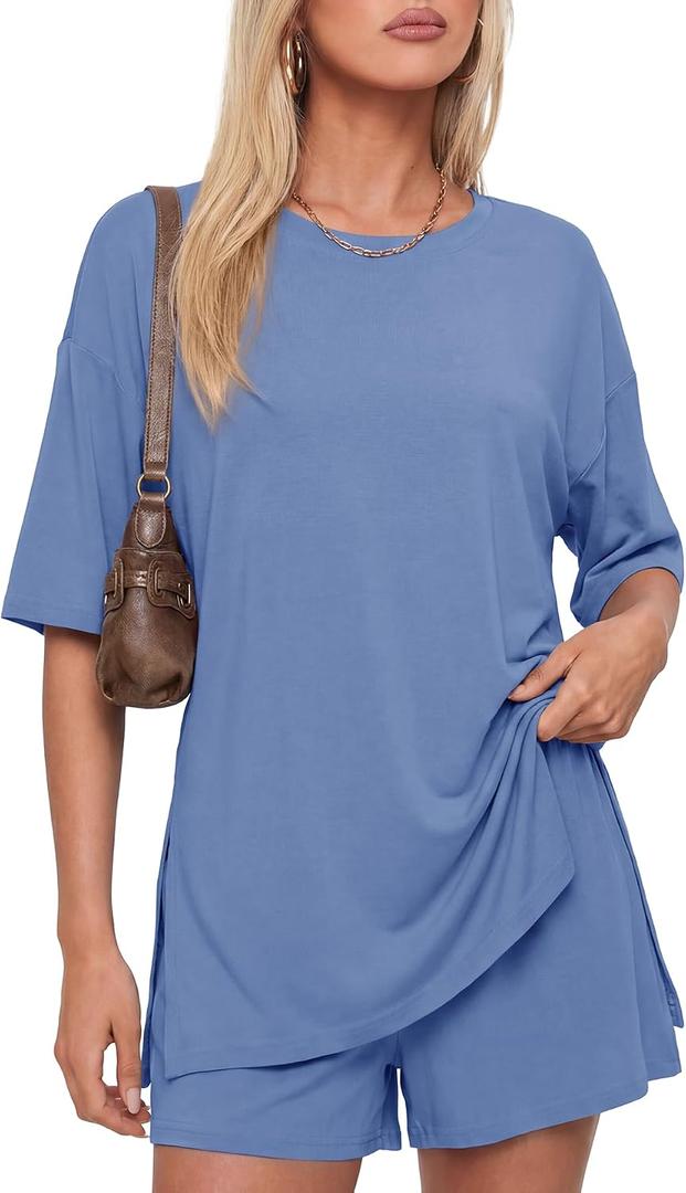 Darong Women's 2 Piece Summer Matching Set Lounge Wear with Pockets | Vacation travel outfit, Airport resort wear, Athleisure clothing, Oversized top & Loose fit drawstring shorts (Blue, L)