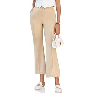 Cicy Bell Womens Flare Capri Pants Elastic High Waisted Cropped Dress Pants Trousers Stretchy Work Slacks (Beige, L)