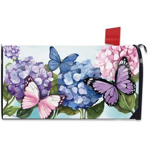 Spring Summer Mailbox Cover Magnetic Standard Size 20.5" x 18", Hydrangea Flower Butterfly Decorative Post Letter Box Wrap Decor, Floral Seasonal Garden Yard Outdoor Decoration