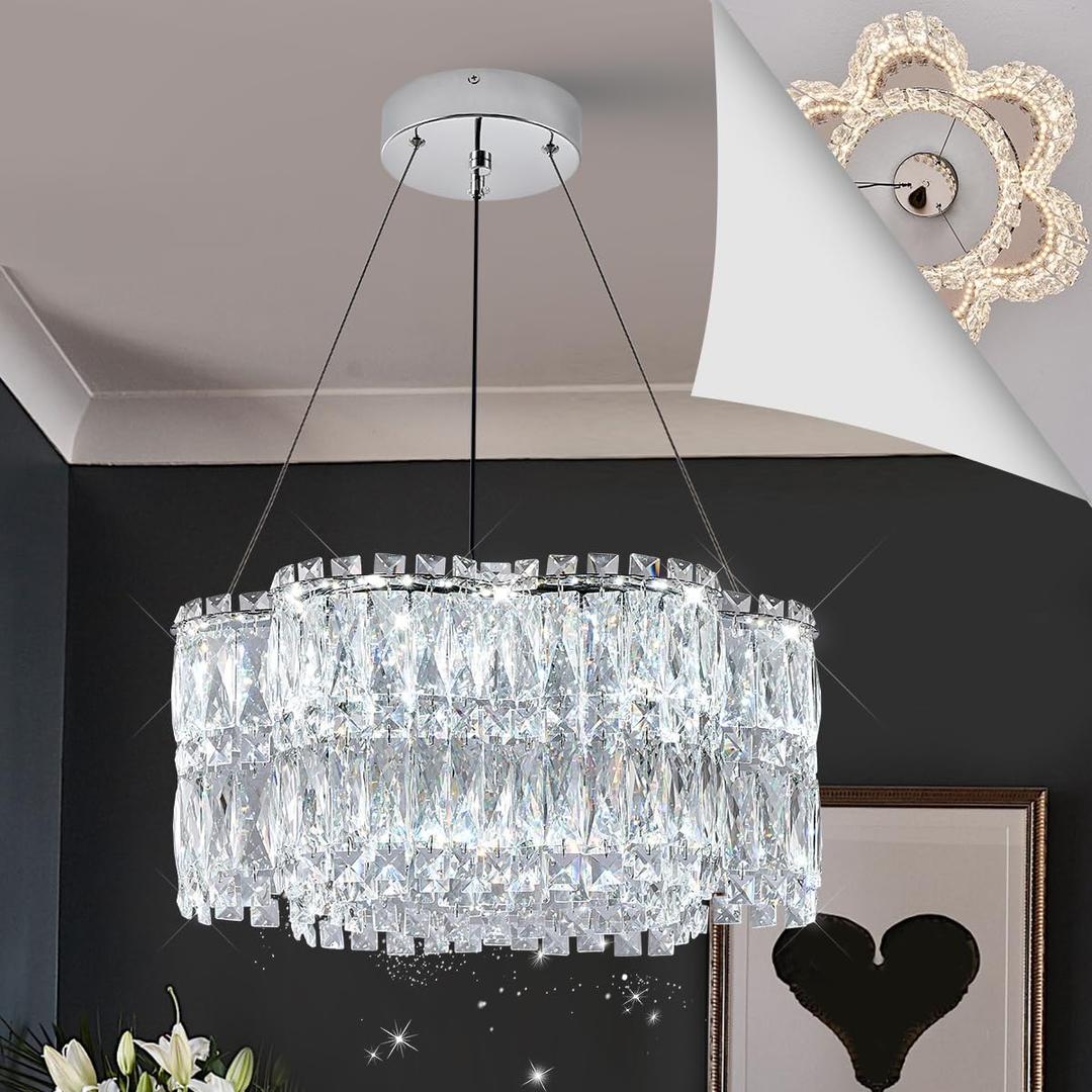 LED Crystal Chandelier with Remote Control 20’’ Luxury Modern Chrome Chandeliers Light Fixture Dimmable for Dining Room Bedroom Kitchen Foyer Entryway 3000-6500K