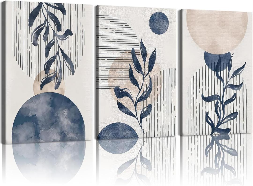HCJWCXD 3Pcs Boho Wall Art Navy Blue Botanical Framed Canvas Prints 16x24In | Minimalist Botanical Blue Geometric Designs Printed on Quality Canvas for Living Room Bedroom Office and Modern Home Decor