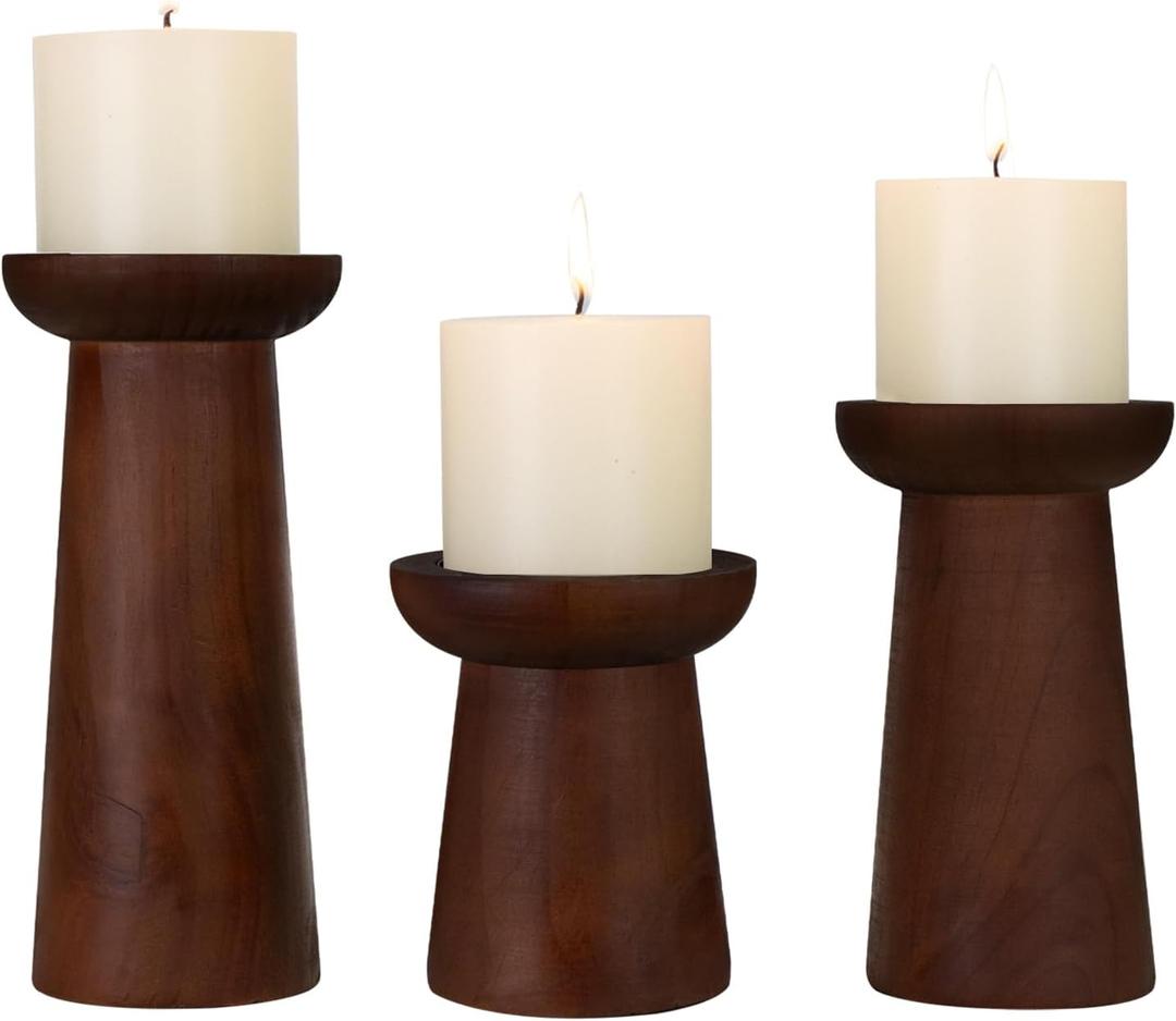 Pillar Candle Holders Set of 3 Wooden Candle Holders Decorative Wood Candlestick Holders for Living Room, Table Centerpiece for Wedding, Christmas, Party, Home - 4", 6", 8"