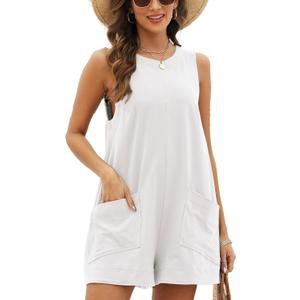 Womens Casual Rompers Overalls Shorts Summer Sleeveless Jumpsuits for Women Casual Shorts with Pocket (XXL, White)