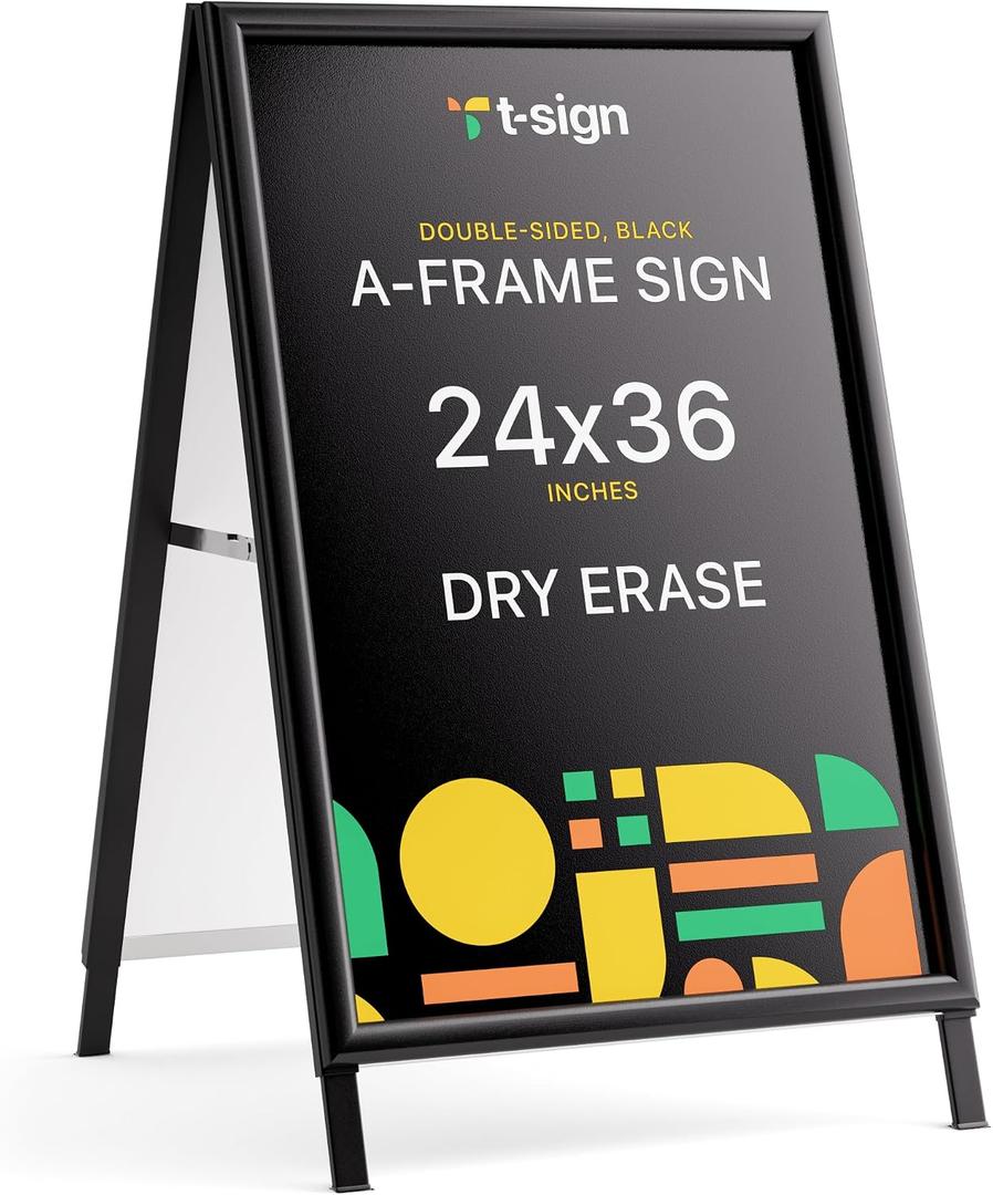 T-SIGN Sidewalk Sign for Indoor & Outdoor Sign - Open Aluminum A Frame Sign Poster Board 24x36 Inches, White Dry Erase Surface - Heavy Duty Double Sided Sandwich Board, Street Advertising Sign Board,  Black - Premium Dry Erase Surface
