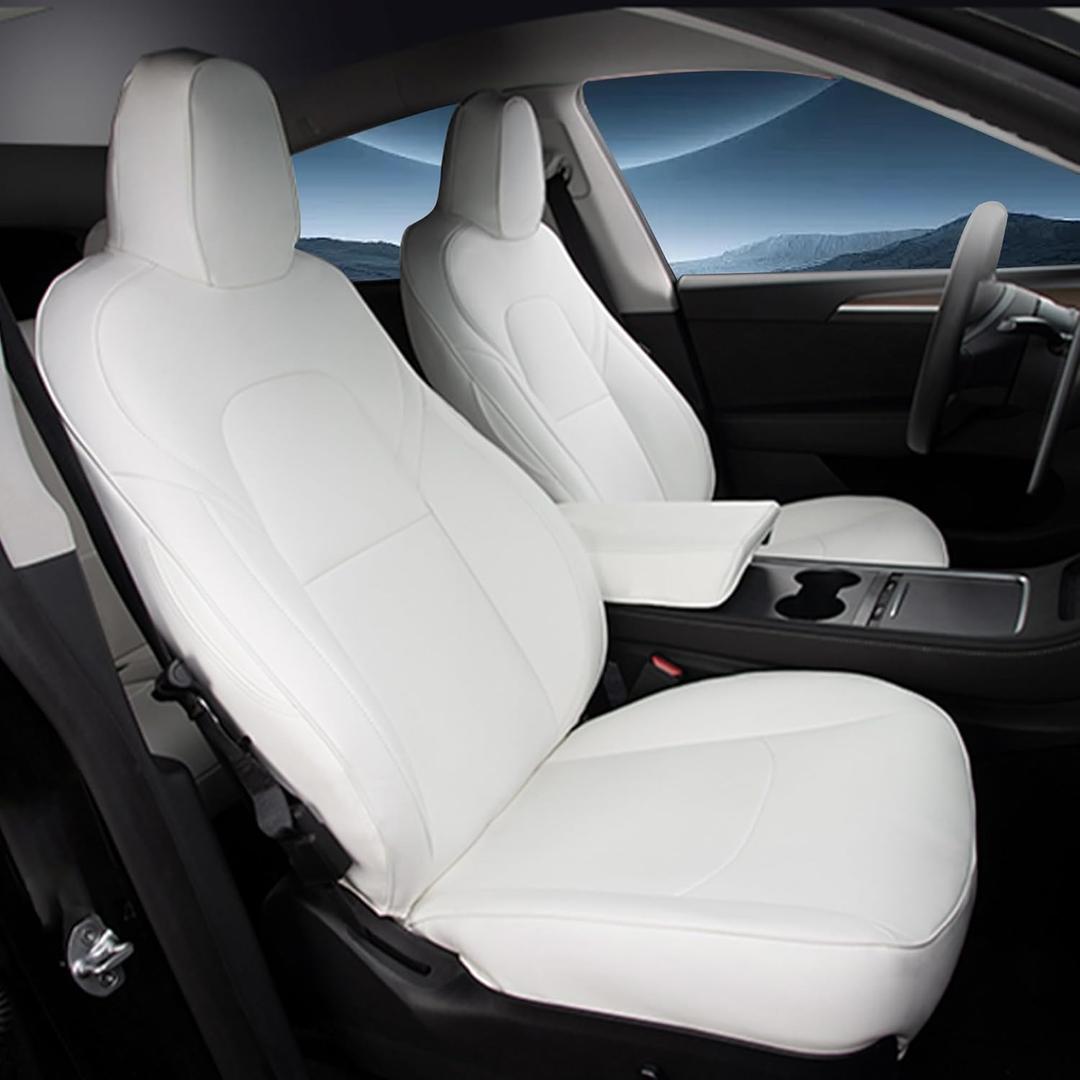 Nappa Leather Car Seat Covers Compatible with Tesla Model Y 2020 2021 2022 2023 Full Set Custom Fit Does Not Affect The Airbag, Reserved Seat Belt Hole-White