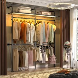 Aheaplus Industrial Pipe Clothing Rack, Reversible 79.7'' Clothes Rack for Hanging Clothes, Heavy Duty Garment Racks Closet Wardrobe with LED Lights& Shelves, Walk-in Closet System, Black (II-Medium)