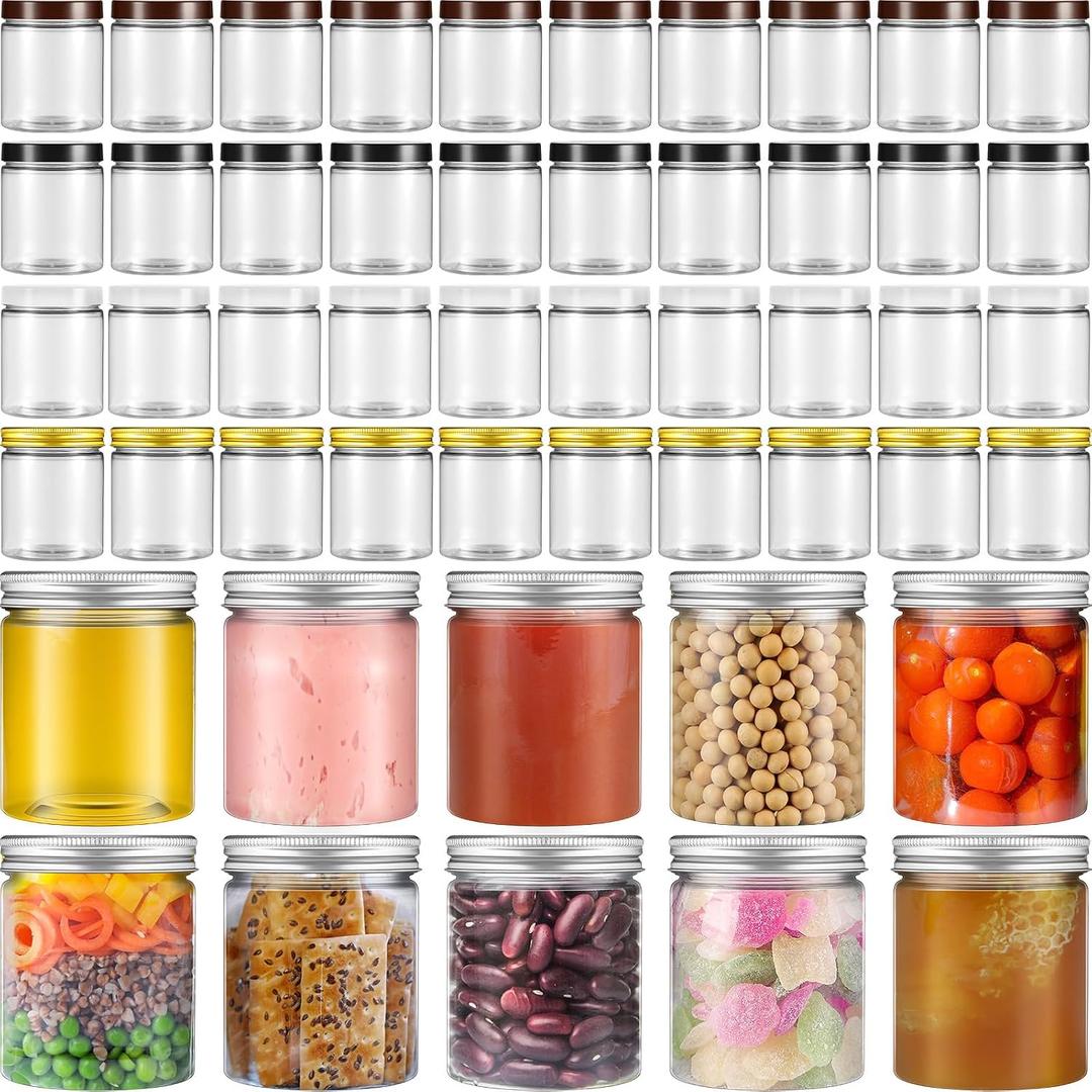 Tanlade 50 Pcs 8 oz Clear Plastic Jars Containers with Screw on Lids Refillable Round Empty Plastic Cosmetics Containers Wide Mouth for Kitchen and Household Storage, 5 Colors