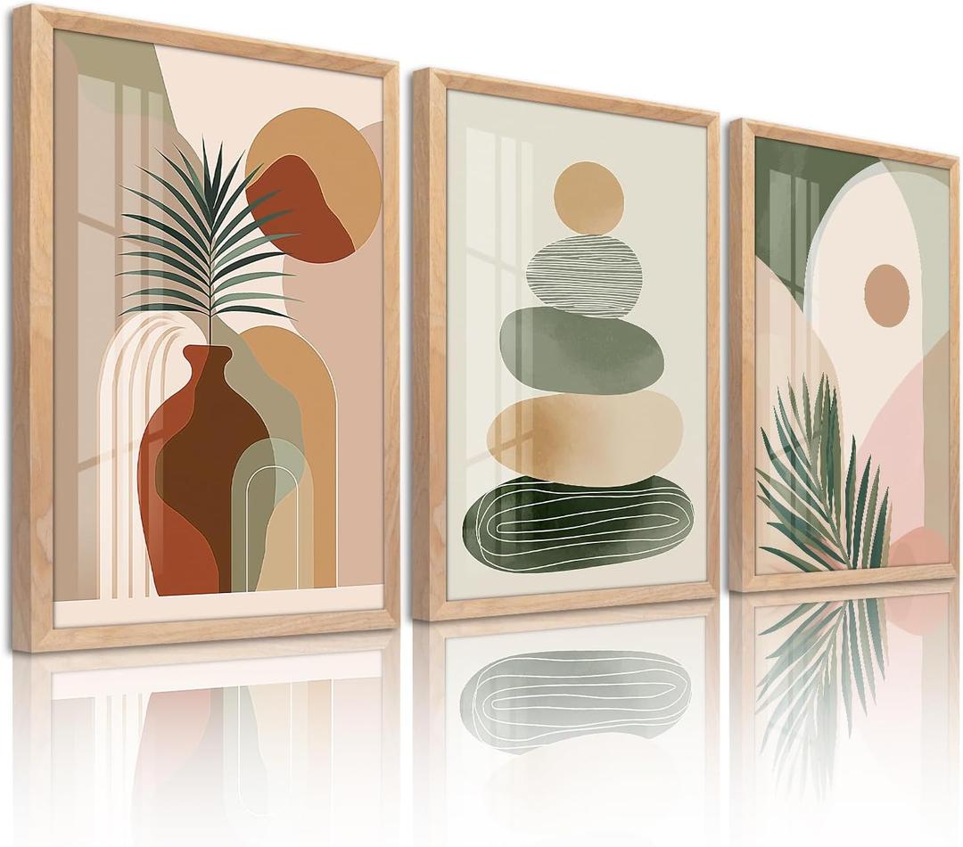 Sage Green Boho Wall Art, Framed Wall Decor for Living Room, 3 Piece Wall Art Decor, Mid Century Modern Minimalist Wall Art for Bedroom, Dining Room, Hotel, Office 24X36IN, 16"L x 24"W