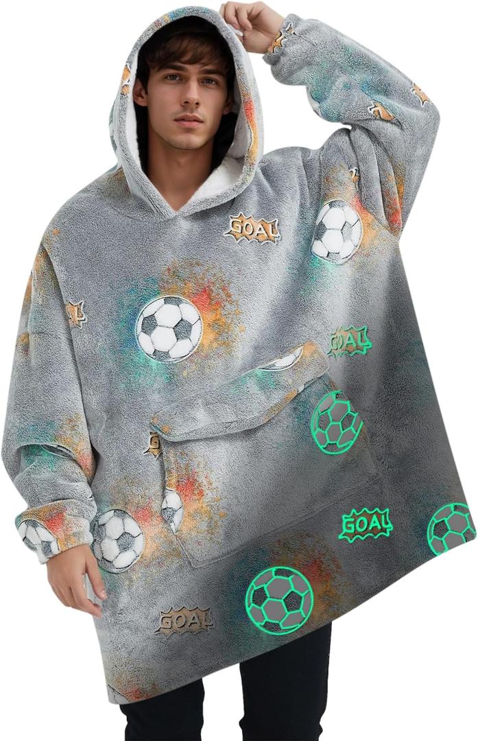 Glow in The Dark Football Wearable Blanket Hoodie for Adult, Oversized Sherpa Fleece Blanket Hoodie for Women Men, Football