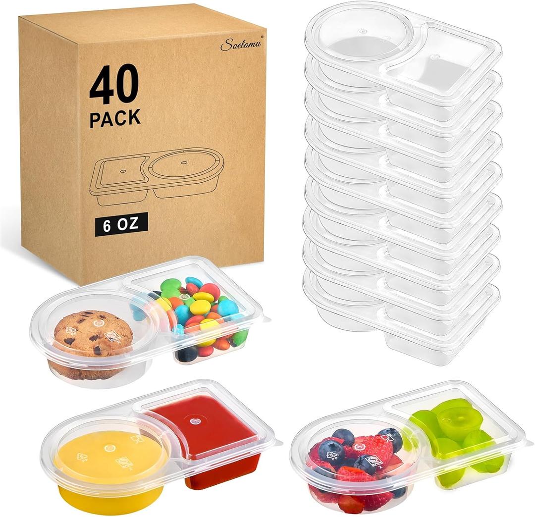 2 x 40 Pack 6 oz Small Snack Pack Containers with Lids, 2025 New 2 Compartment Snack Boxes Small Plastic Portion Control Condiment Container for Dipping Sauce, Travel Snacks, Lunch