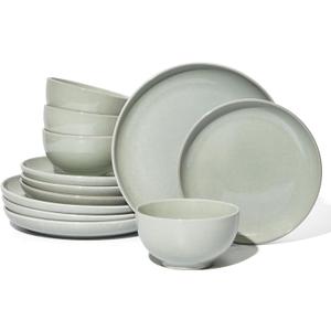Pokini Santorini Mist Terracotta Reactive Glaze Plates and Bowls Sets, Stoneware Dinnerware Sets, Microwave and Dishwasher Safe Ceramic Dish Set Service for 4, Slate Green