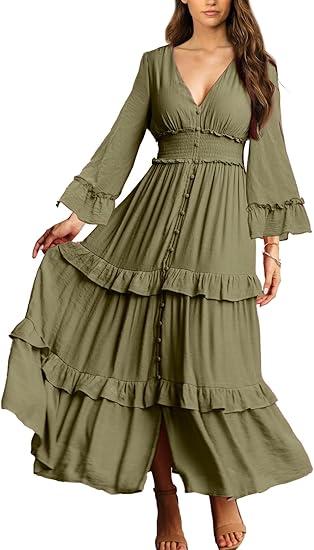 Amegoya Women's V Neck Long Sleeve Boho Maxi Dress Summer Wedding Guest Long Flowy Engagement Dresses (5-army Green, Medium)