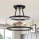 11.8 Inch Small Black and Gold Semi Flush Mount Ceiling Light Fixture 3 Light,Drum Modern Clear Glass Ceiling Light Fixtures for Bedroom,Entryway,Hallway,Kitchen,Dining Room,Bathroom, 11.8 inch-E12