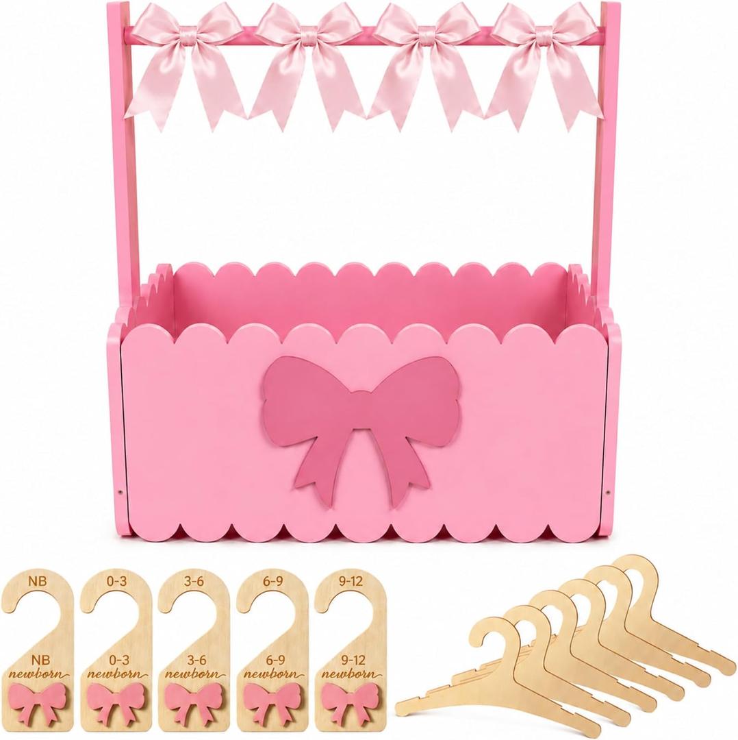 Pink Bow Wooden Baby Shower Crate Closet Charming Storage Basket with 5 Hangers 5 Bow Dividers 4 DIY Bows Easy Assembly Storage Crate Hamper Gifts for Baby Shower Pregnancy