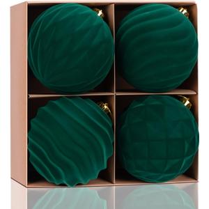 WHGJ 6 Inch Large Dark Green Velvet Christmas Ball Ornaments Set, 4 Pcs Big Flocked Deep Emerald Shatterproof Hanging Bulbs for Xmas Tree Holiday Party Outdoor Decorations