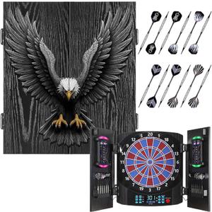 Electronic Dart Board, Electric Dartboard Cabinet Set for Adults [12 Soft Tip Darts] Individual Light Color for Each Player, Wooden Dartboard Cabinet for Family Game