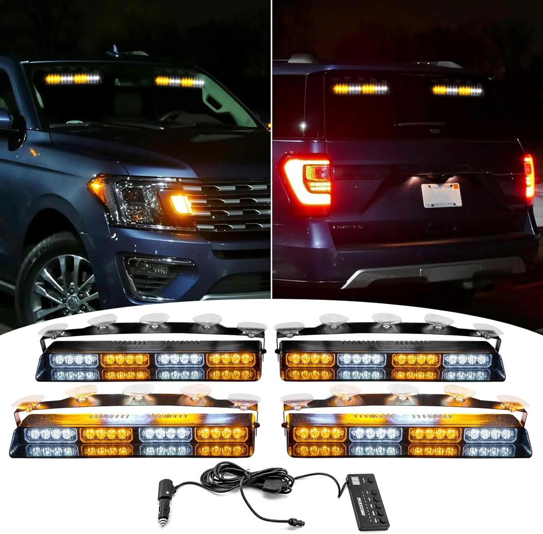 Wsays 4Pcs 16 LED 2''x 14'' White Amber Dash Strobe Light w/Controller and Wiring Harness and Suction Cup Windshield Interior Warning Light Bar Compatible with Trucks Pickup SUV Boat Vehicle