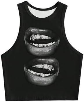 BEAUDRM Women's Lip Graphic Tank Top Y2k Crew Neck Sleeveless Casual Crop Tops Small