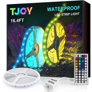 TJOY Waterproof LED Light Strips 16.4ft, IP65 Outdoor LED Strip Lights Waterproof with 44 Key IR Remote, Color Changing RGB Lighting for Bedroom TV Kitchen Indoor/Outdoor Decor(16.4ft x 1)
