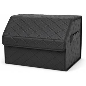 1Pack Leather Trunk Organizer for SUV & Sedans - Extra Large Foldable Car Storage Box with Lid, Adjustable Removable Dividers and Carry Handle, Collapsible Auto Cargo Organizer Black (1)