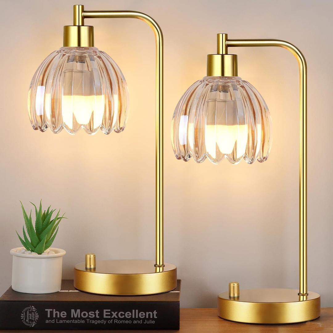 Glass Table Lamp Set of 2,Small Gold Bedside Lamps Dimmable Boho Bedroom Lamp with Tulip Flower Amber Lamp Shade,Vintage Mid Century Modern Mini Nightstand Lamp for Bedroom Living Room