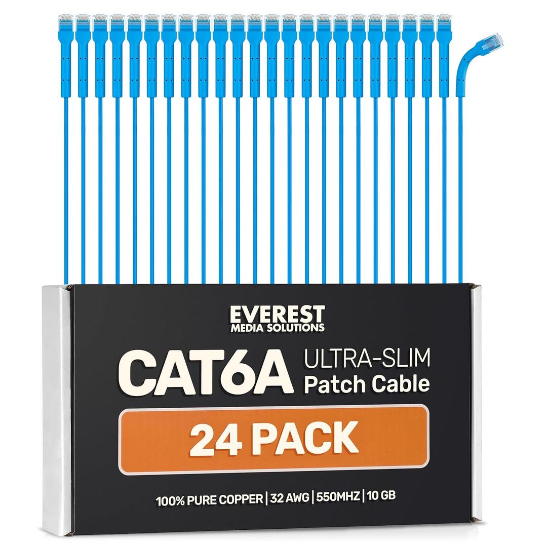 Everest Ultra Slim Cat6a Ethernet Patch Cables 0.5ft (24-Pack) Blue - 6 Inch 10GB Cat 6a Patch Cable - Bendable, Flexible & Thin Ethernet Cable - 32AWG 550MHZ Cat6a Cables - 100% Copper Wires