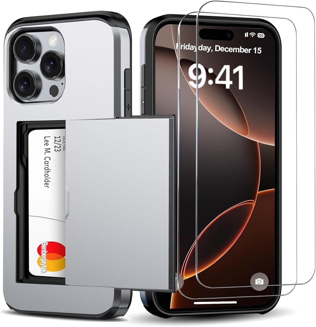 Benbenjaytek for iPhone 16 Pro Wallet Case with Card Holder + 2 Tempered Glass Screen Protector Protective Shockproof Hidden Card Slot Slim Case Women Men iPhone 16 Pro 6.3″ 2024 (Gray)