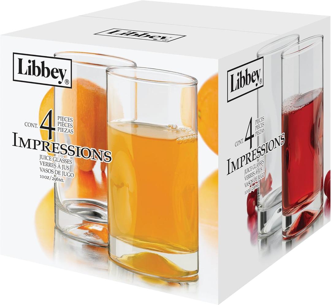 Libbey 4-Piece Impressions Juice Glasses, Clear, 10 oz, Glass, Dishwasher Safe