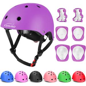 KAMUGO Kids Adjustable Helmet, with Sports Protective Gear Set Knee Elbow Wrist Pads for Toddler Age 2-8 Boys Girls, Bike Skateboard Hoverboard Scooter Rollerblading Helmet Set (Purple)