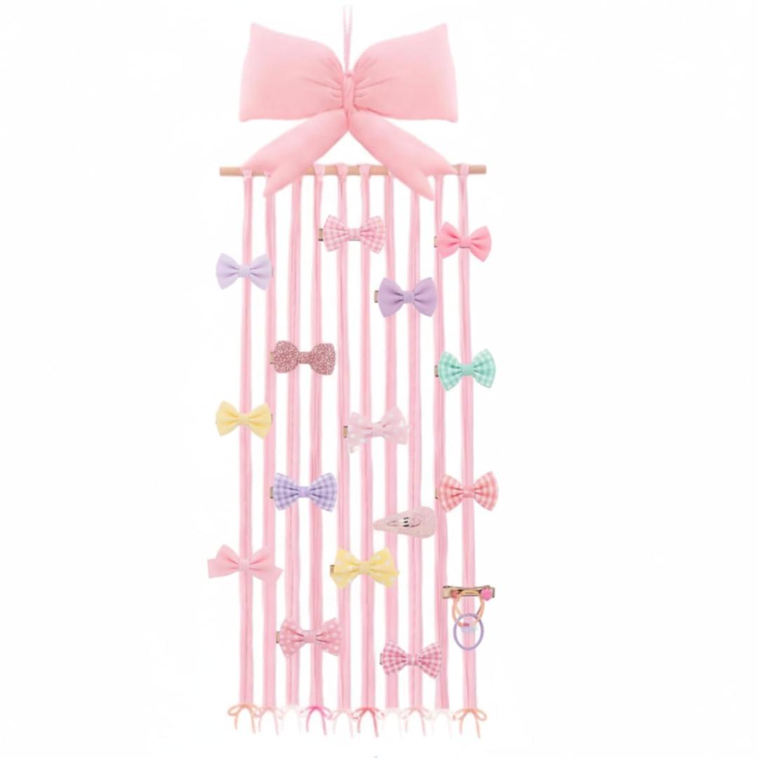 Long Bow Holder for Girls Baby Pink Bow Hair Bows Clip Organizer 31.5 Inch Baby Hair Accessories Storage Display Hanging Decor for Girls Nursery Room Bedroom Living Room
