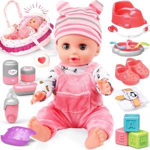 SMILESSKIDDO Baby Doll Set - 14" Babydoll with Dolls Accessiores, Realistic Pretend Play Doll Includes Carrier Bassinet Bed, Feeding Set, Doll Clothes, Toddler Toys Gifts for 1 2 3 4 5 Year Old