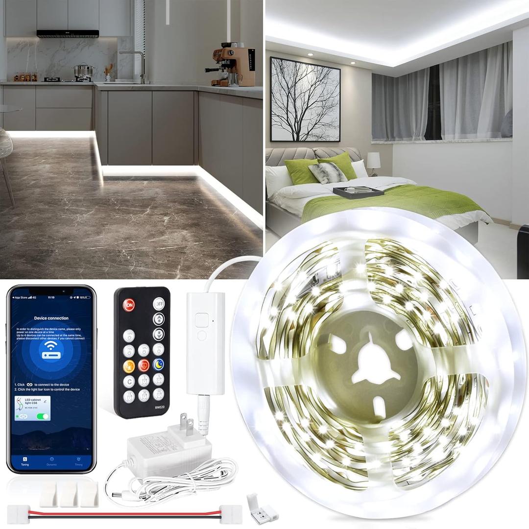wobsion White Led Strip Lights, Bluetooth and IR Remote Control Led Light Strip, 16.4ft Dimmable Bright Rope Light,300 LEDs,Self-Adhesive 12v Lights Strip for Bedroom,Kitchen Cabinet,Mirror,6000K (Bluetooth Control, 5m 6000K)