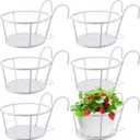 Dandat 6 Pcs 8.7'' Iron Metal Railing Flower Pot Hanging Planter Baskets Stair Railing Plant Holder for Patio Balcony Outdoor Plants(White)