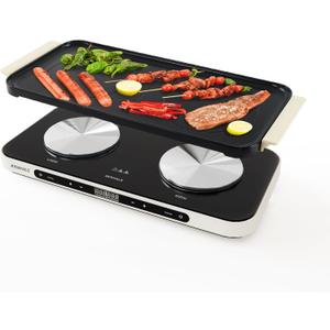 AEWHALE Countertop Double Burners with Removable Griddle Pan Non-stick,1200W+600W Electric Hot Plate with Sensor Touch for Adjustable Temperature/Time