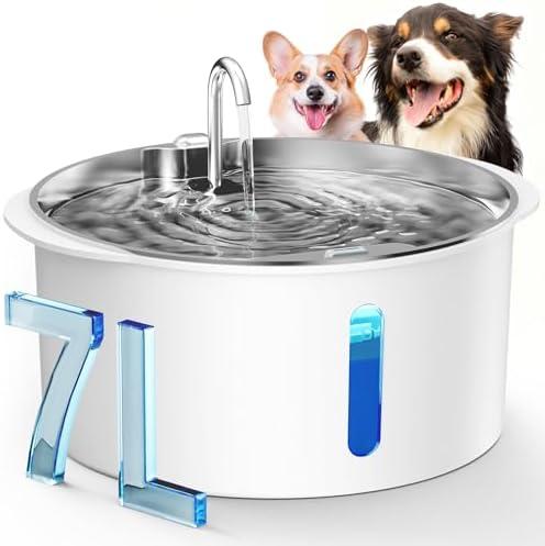 Pektaco Dog Water Fountain for Large Dogs, 1.8Gal/7L Pet Water Fountain, Dog Water Bowl Dispenser with Viewing Window & LED, Super Quiet, Stainless Steel Tray Easy Clean BPA-Free(with 1 Filters)