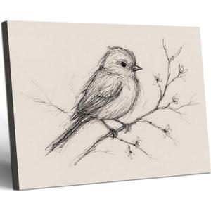 Framed Vintage Bird Wall Art Neutral Antique Line Picture Minimalist Animal Sketch Print Rustic Farmhouse Beige Decor for Living Room Bedroom 12x16 inch Ready to Hang
