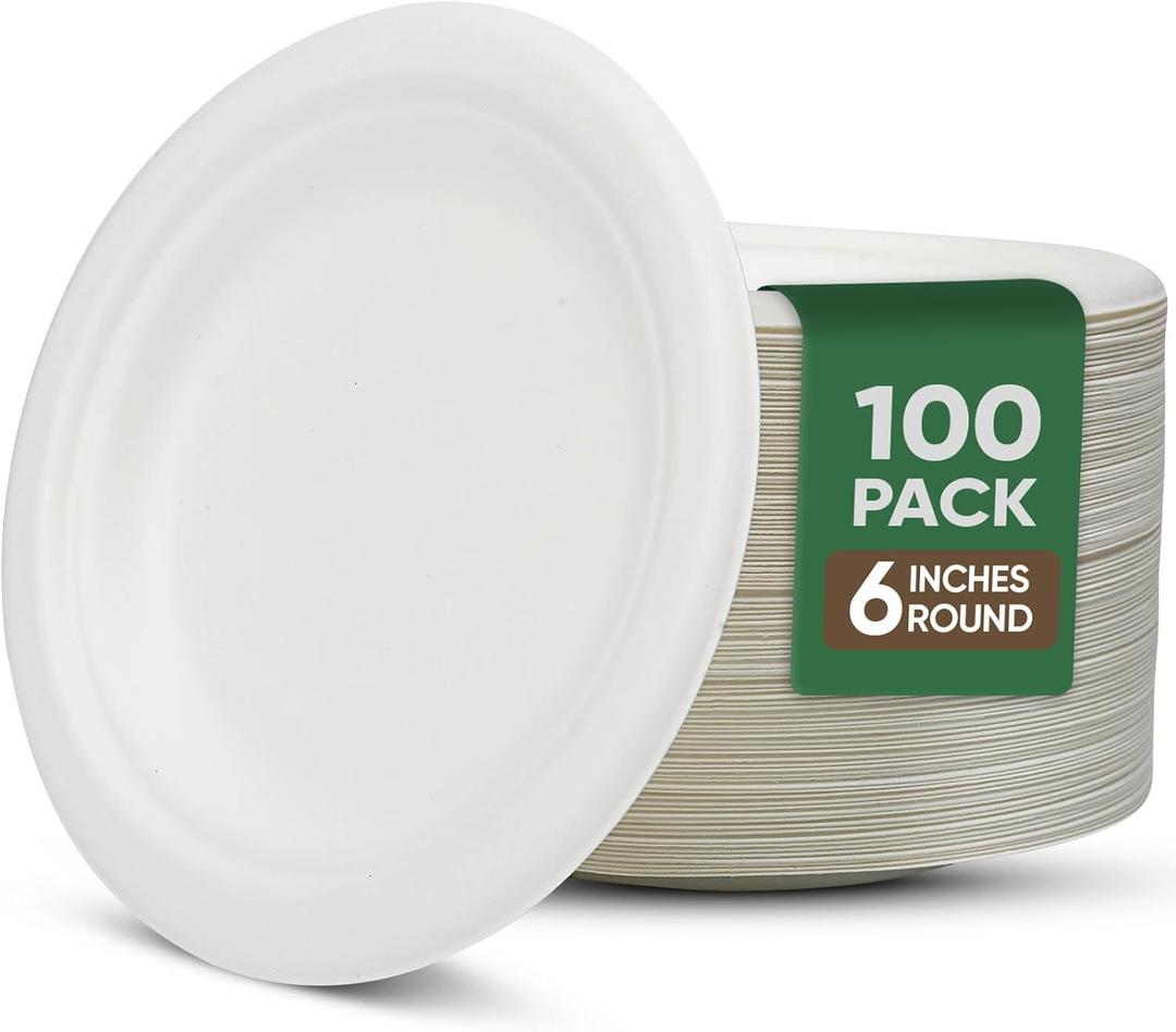 Dessert Plates, 100 Pack Small Paper Plates, Paper Plates 6 Inch – 100% Compostable Plates, Water & Oil Proof Disposable Plates, Microwavable Perfect Paper Plate For Party - White