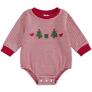 ZAXARRA Baby Christmas Sweatshirt Romper Striped Waffle Knit Jumpsuit Christmas Tree Embroidery Cute Boy Girl Holiday Outfit 3-6M