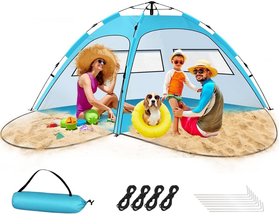 Beach Tent Sun Shelter Pop Up Easy Setup in 3S Instant Tents for 4/5 Person Beach Umbrella Sun Shelter Shade, UV 50+ Protection, Wind Resistant, Lightweight Portable Baby Tents Shade for Family