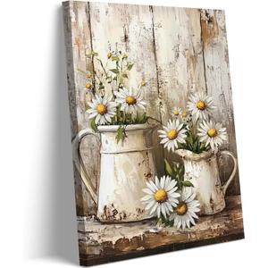 White Daisy Canvas Wall Art Vintage Wall Decor Pictures Country Farmhouse Poster Print Oil painting style Painting Artwork for bedroom home Bathroom decoration 16x24in