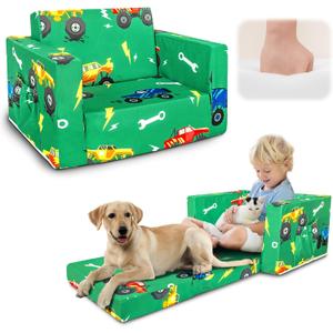 Kids Couch, 2-in-1 Kids Fold Out Sofa, Convertible Toddler Couch to Lounger for Girls and Boys, Soft Toddler Chairs Comfy 1-3 Years Old (Green Monster Truck)